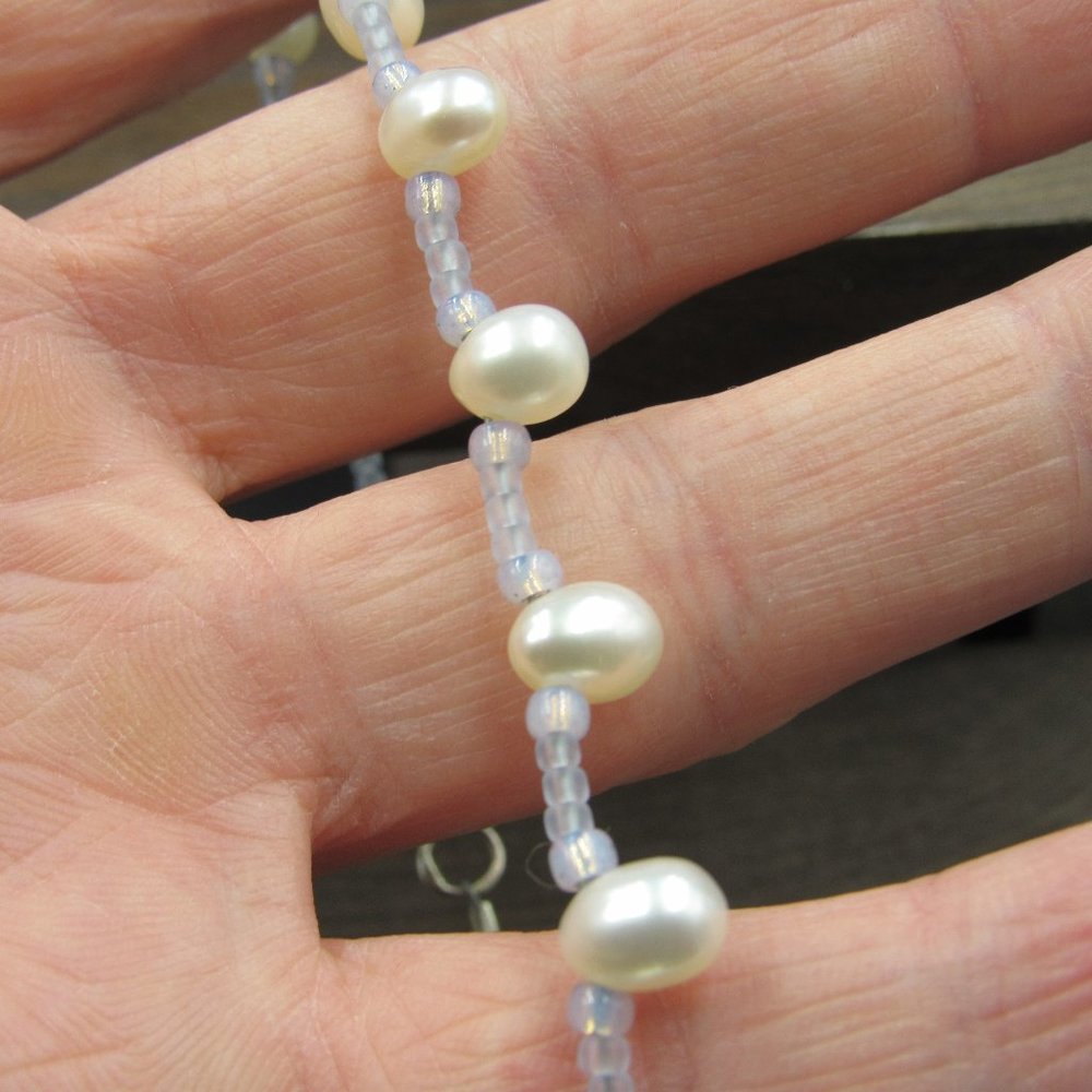 10" Sterling Silver Real Pearl & Blue Bead Ankle Bracelet Vintage